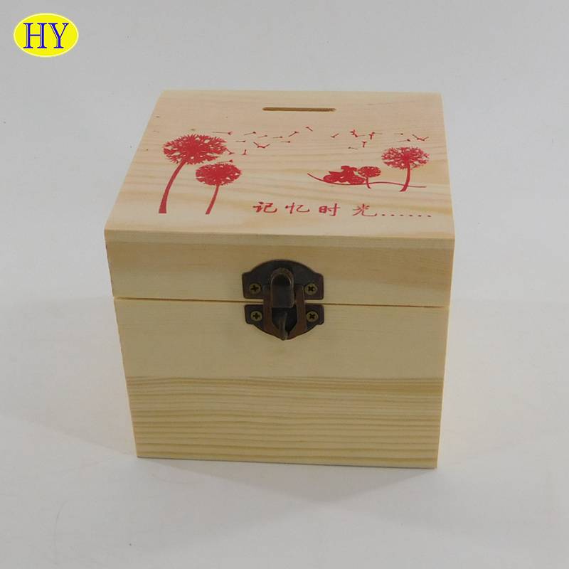custom natural wood money saving box with hinged lid wholesale