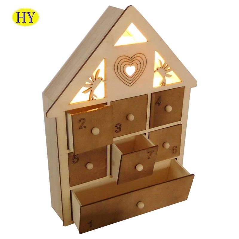 House Shape Wood Wall Decoration Box with Drawers and Light