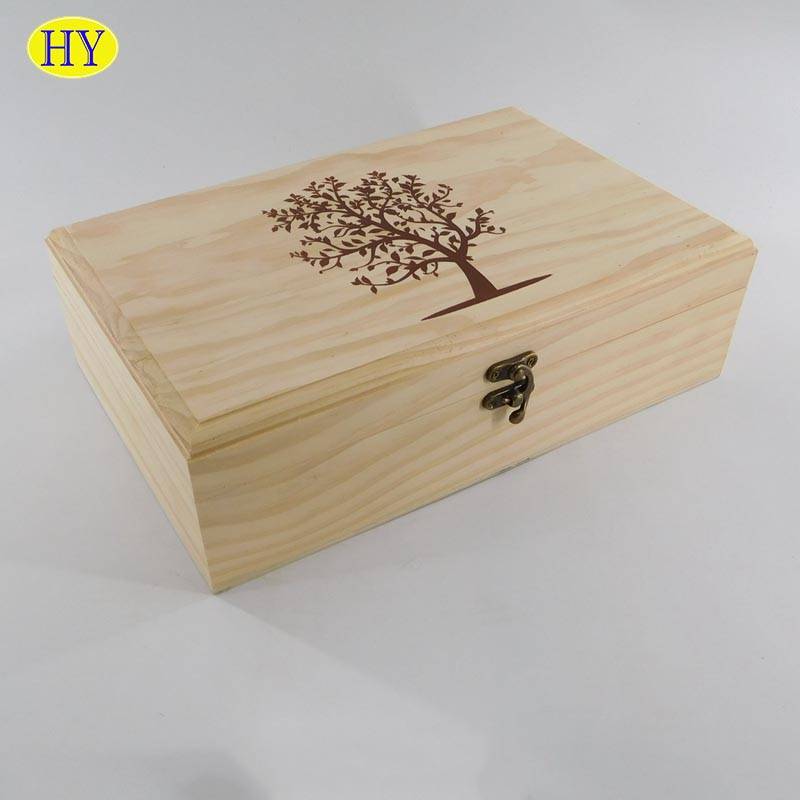 Ordinary Discount Wooden Cube Box - natural unfinished pine wood box with hinged lid and lock for packaging – Huiyang
