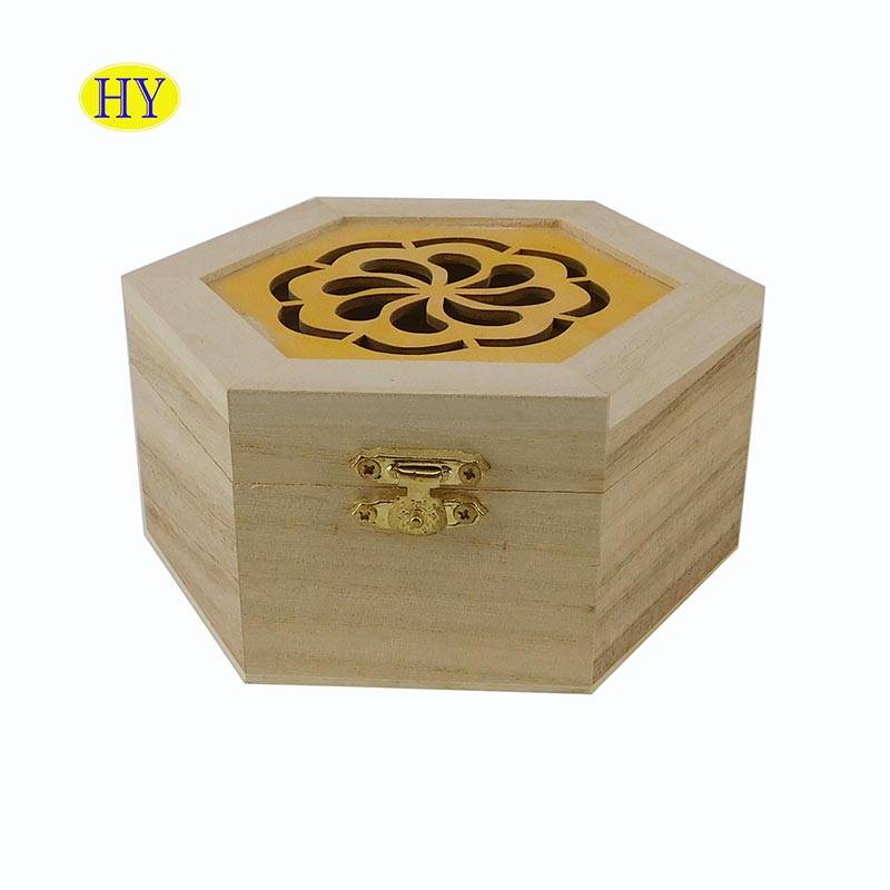 Wholesale Unfinished Custom Carved Lid Hexagon Wood Box