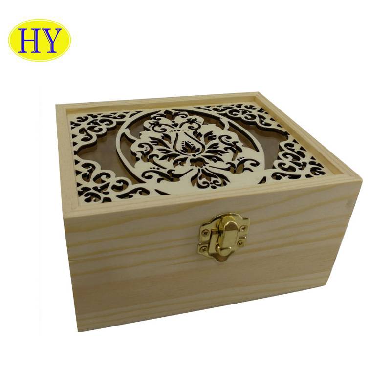 Promotion natural solid wood square carved large unfinished wooden box