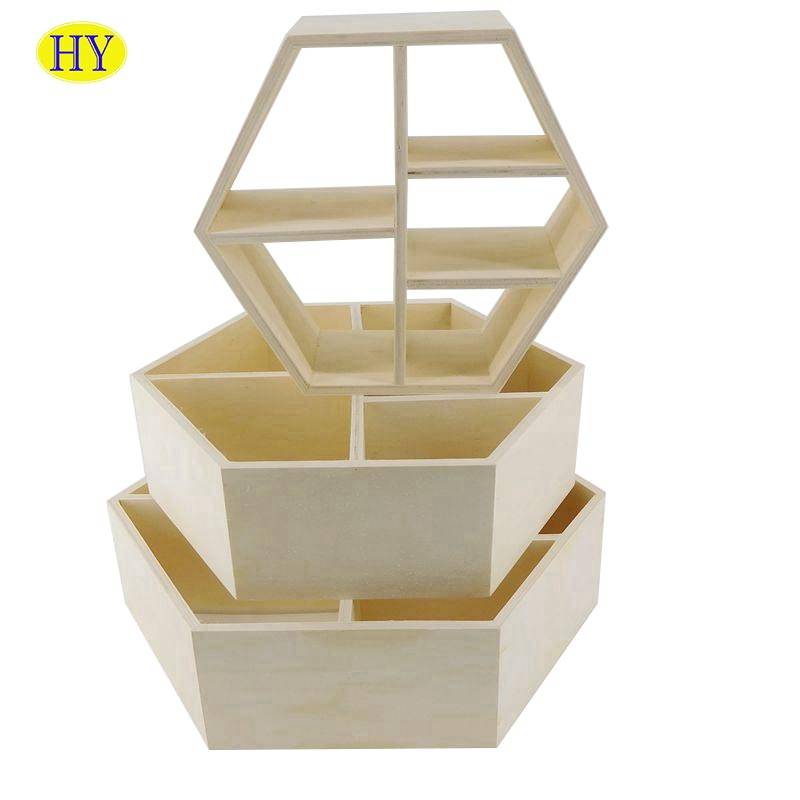 OEM Customized Wooden Containers - Unfinished Hexagon Shape Morden Decorative Wall Shelf – Huiyang