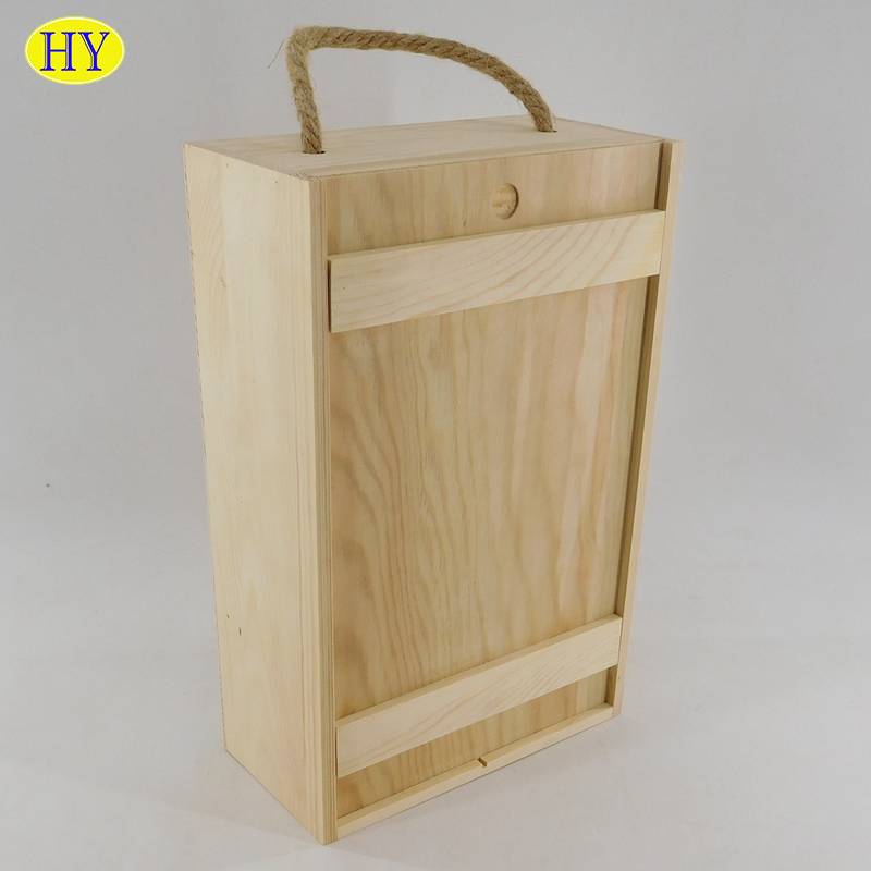 customized natural unfinished sliding 2 bottles wood wine gift box