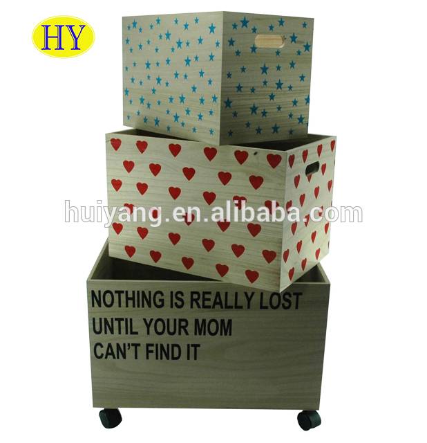 Printed design wooden box large storage box with wheels