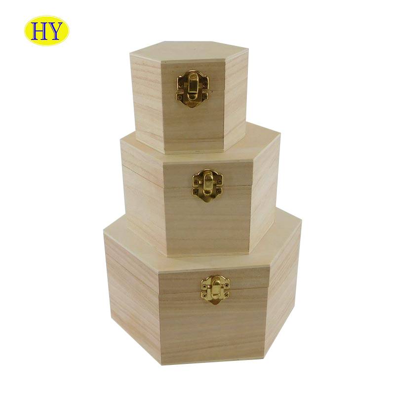 Natural unfinished hexagon shape  wooden boxes wih lid wholesale