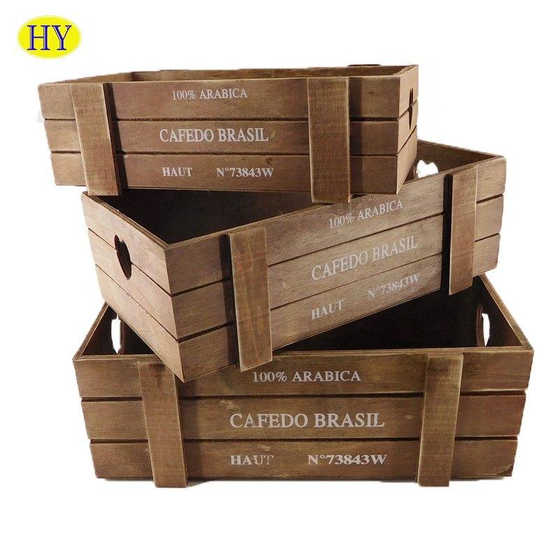 Top solid wood natural brown heart handle design wooden crate