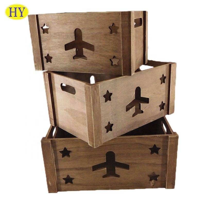 Unfinished natural wood dark brown color plane design wooden crate