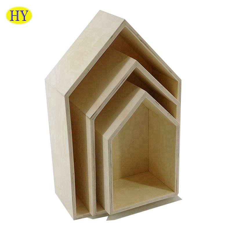 Home Decoration Unfinished  Wooden House Shape Wall Shelf