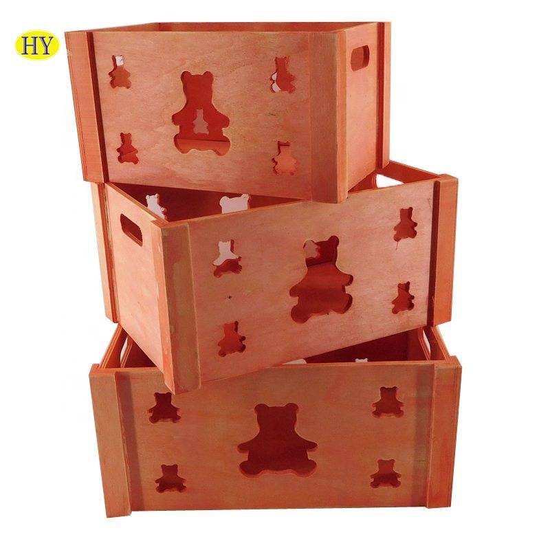 Unfinished natural wood orange color bear design wooden crate