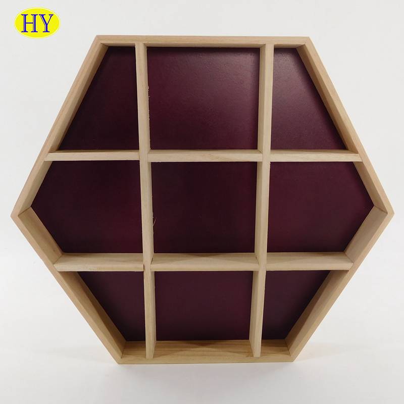 Hexagon shape wall mounted wooden shelf with comparents for display