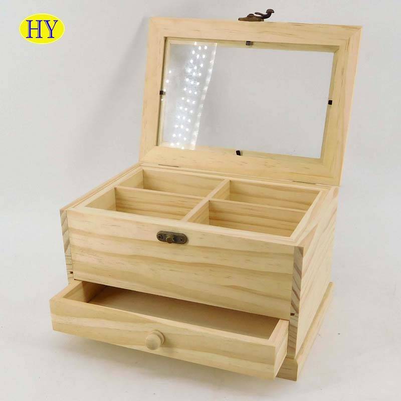 2017 Custom Pine Wood Organizer with Compartments and Drawers and hinged Glass Lid