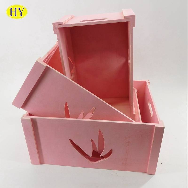 Hot design unfinished pink color Wooden Storage Box with hollow design