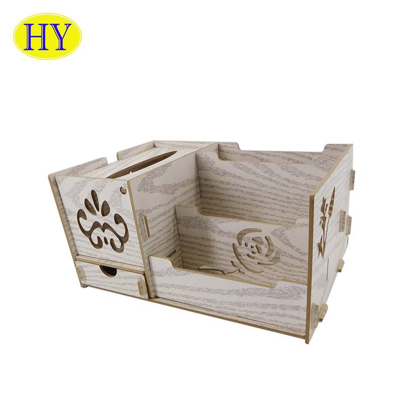 Durable Wooden Multi-function Desk Stationery Organizer With Tissue Box