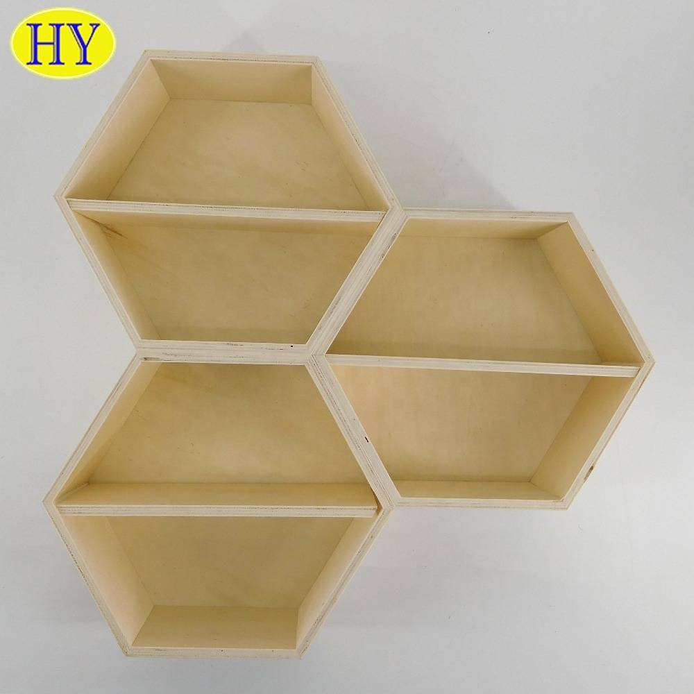 Custom hanging hexagon honeycomb cube wooden wall floating shelf