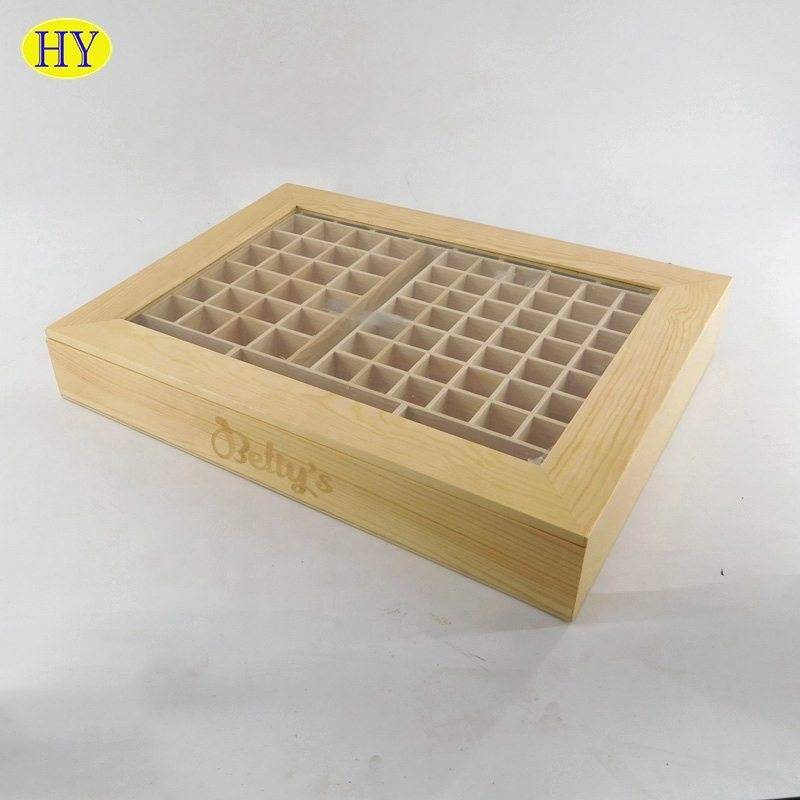 Unfinished wooden box with glass lid and grids Design wooden box