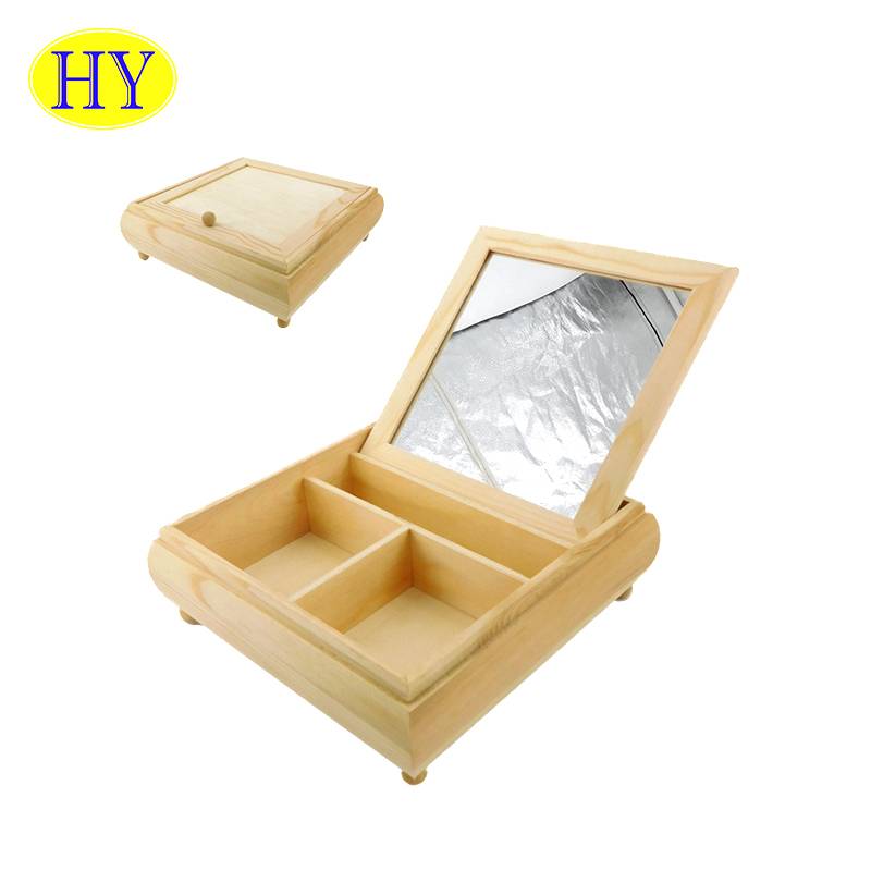 Wholesale unfinished jewelry box wood Trinket Storage Chest With mirror