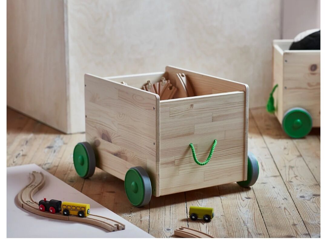 Natural pine wood storage box with wheels for kids’ toys