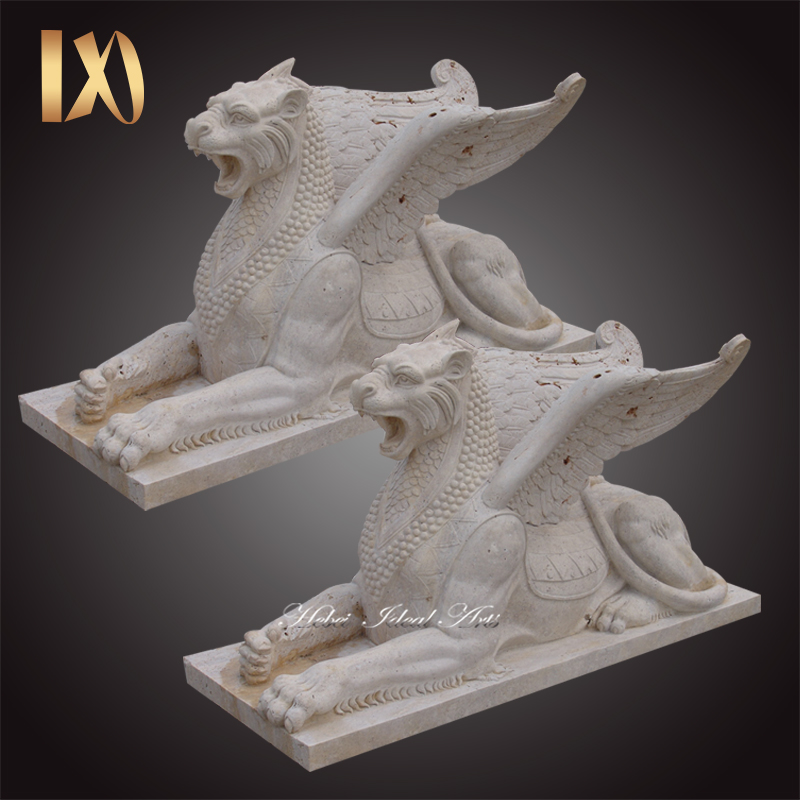 Outdoor Decoration Hand Carved Garden Winged Lion Marble Sculpture For Sale