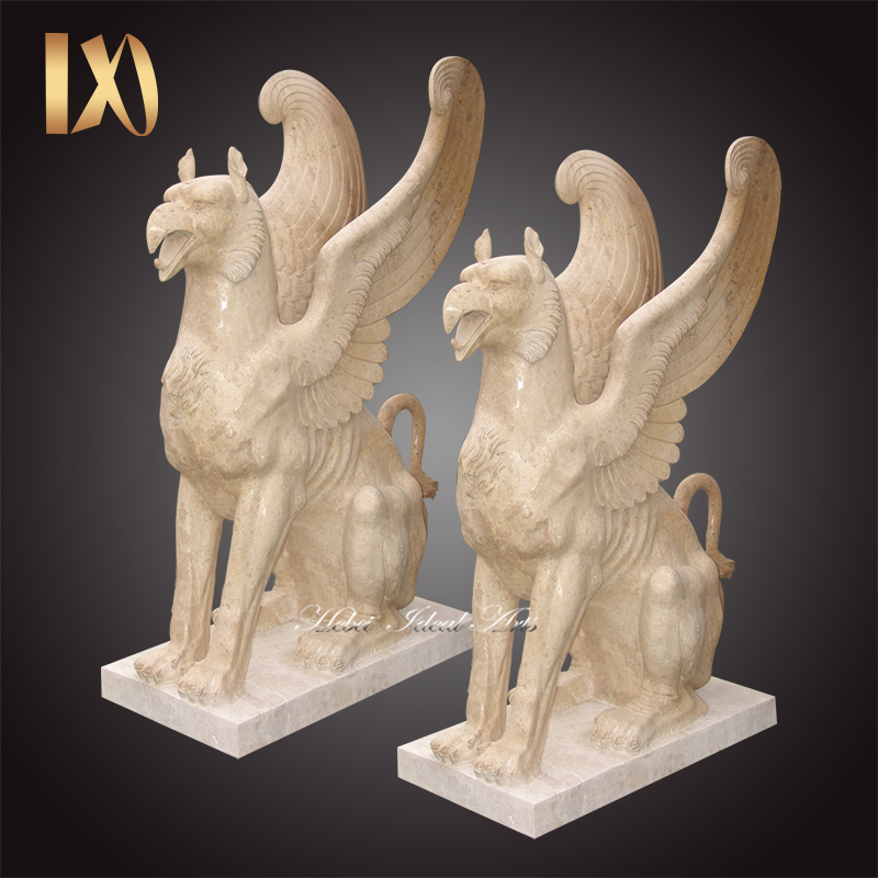 Outdoor large stone eagle head garden winged lion beige marble sculpture