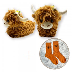 Highland Cow Slippers with Flowers Anti-Slip Cow Scottish Cow Soft Warm Animal Home Indoor Slippers with Socks