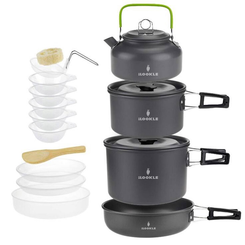 Camping Cookware Mess Kit with Pot Pan Kettle Bowls for 5 persons (1)