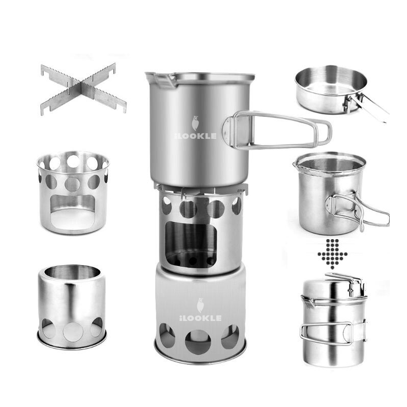 Low MOQ for Small Camping Pot - Stainless Steel Camping Cookware Set with Wood Stove for 1-2 Adult – Sicily