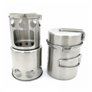 Stainless Steel Camping Cookware Set with Wood Stove for 1-2 Adult