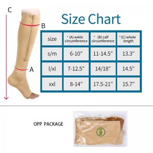 Zipper Compression Socks Calf Knee Babban Buɗe Yatsan Yatsan Matsi Hannun Jari