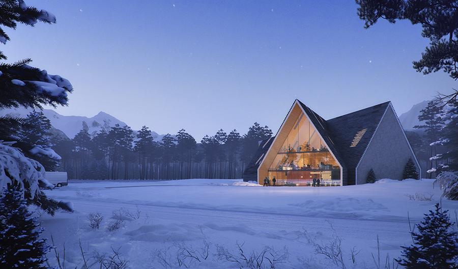 The competition entry titled “Mellan Himmel och Vatten” (Between sky and water) won the architectural competition “Dalslandsstugan 2.0” (Dalsland cabin 2.0), proposing a new standard house for the Dalsland county, Sweden.The proposal is based on the traditional Dalsland cabin; a timber cabin being the common residential house in the area before the industrial revolution. The house finds inspiration in the material palette and certain details from the old cabins seen in the surrounding landscape. The Dalsland cabin 2.0 is constructed in cross laminated timber. The construction constitutes the interior walls and allow great spans, making it possible to create openings in the facade more freely, thus letting the building adjust to the specificity of the site.The house is insulated with wood fibers, and clad by a simple vertical wood facade, let to grey. Both the facade and the standing-seam metal roof relate to an agricultural tradition of simple construction methods. The house is organised around two solid cores that carry the roof. The cores contain the private functions of the buildings – hygiene and storing facilities. The house has low eaves, giving the building a small and welcoming size as you approach it. The interior opens up as the central room reaches all the way to the ridge of the ceiling. On the second floor there are rooms with skylights and views of the surroundings.