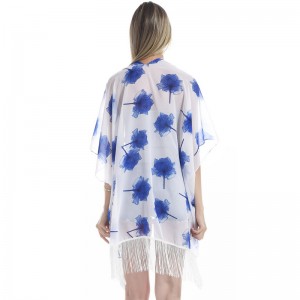 Summer Floral Print Kimono with Tassel for Women
