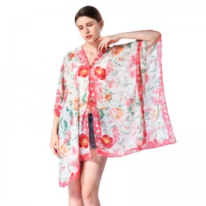 Oversized Chiffon Floral Print Shawl Cape Wrap with Pearl Button