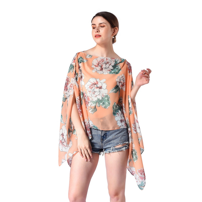 Summer Floral Print Women Poncho Shawl with Buttons