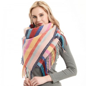 Oversized Striped Print Square Shawl Scarf with Tassel China OEM Factory