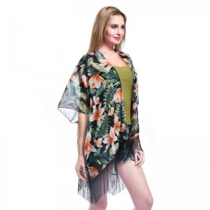 Summer Beach Floral Print Kimono with Tassel for Lady