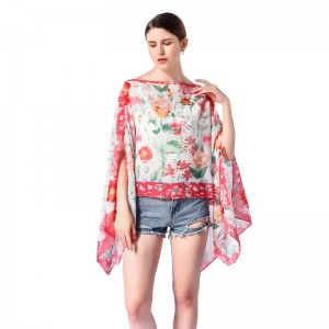 Oversized Chiffon Floral Print Shawl Cape Wrap with Pearl Button
