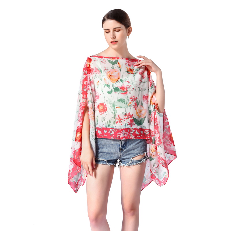 Oversized Chiffon Floral Print Shawl Cape Wrap with Pearl Button Featured Image