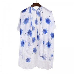Summer Floral Print Kimono with Tassel for Women