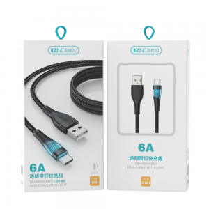2023 New design Transparent 6A 1.2M 3ft Fast Charging Braided Cable USB A to usb-c data cable with led light