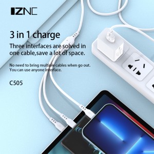 C505 3A 3 in 1 Mobile charging usb data cable wire for android type c and lightning