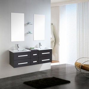 حوض صنبور الحمام الكلاسيكي باللون الأسود، خزانة حمام مثبتة على الحائط، مرآة ذكية