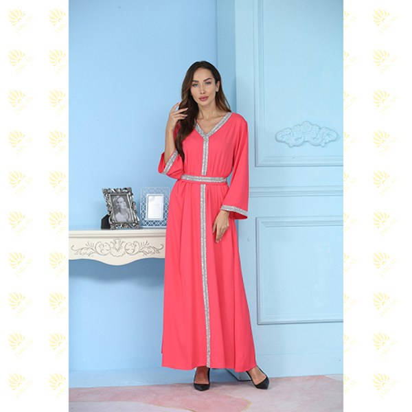 JK012 Pink Shine Stone Muslim Women’s Kaftan Long Dress Featured Image