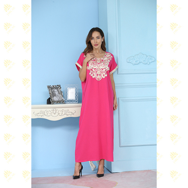 JK013 Pink Flower Embroidery Muslim Women’s Kaftan Long Dress