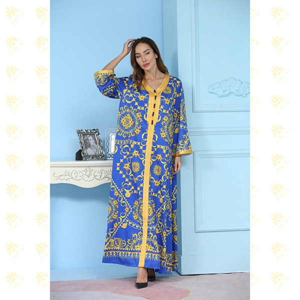 JK017 Blue Flower Elegant Embroidery Muslim Women’s Kaftan Long Dress