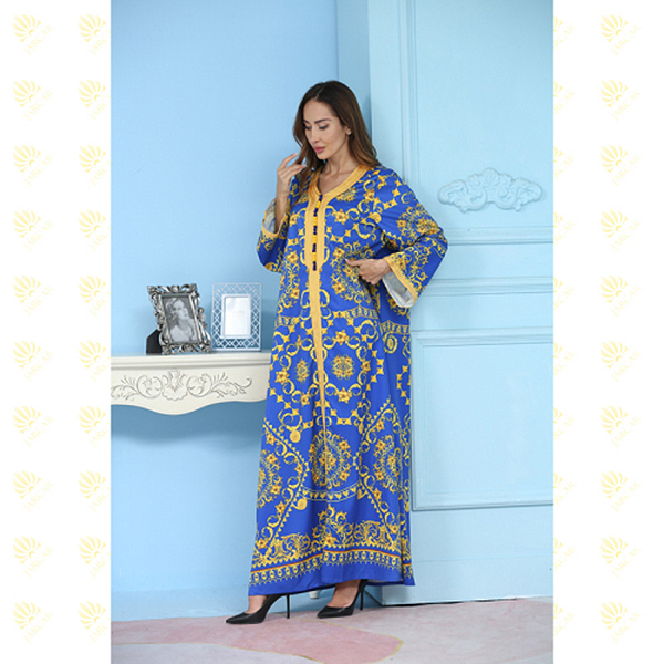 JK017 Blue Flower Elegant Embroidery Muslim Women’s Kaftan Long Dress