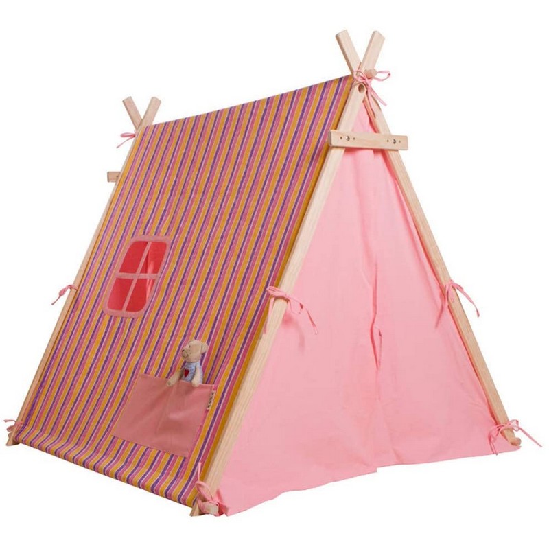 China Kids Tent House Manufacturers –  Wooden Dog Pet Children Game House Tent Canvas Teepee Princess Tent for Kids Pink  – JFTTEC