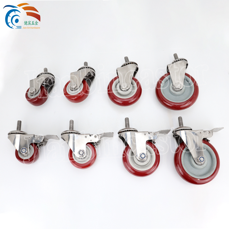 3/4/5 inch red PU PVC Stainless Steel Fixed Swivel Brake Caster Wheel