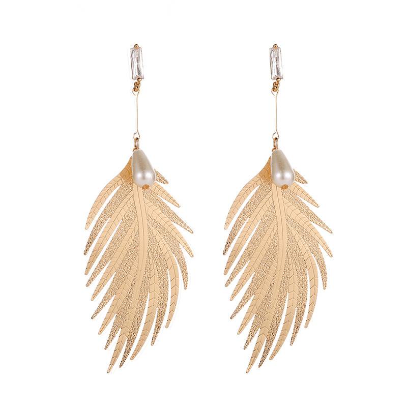 Flat Glass Beads Bulk Factories –  Long Yellow Gold Filled Leaf Dangle Earring Fancy Drop Earrings Fashion Charm Earring  – Jingcan