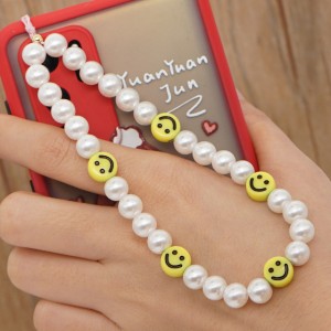 Mobile phone lanyard hand made colored bead smiley cell phone accessories with chain string