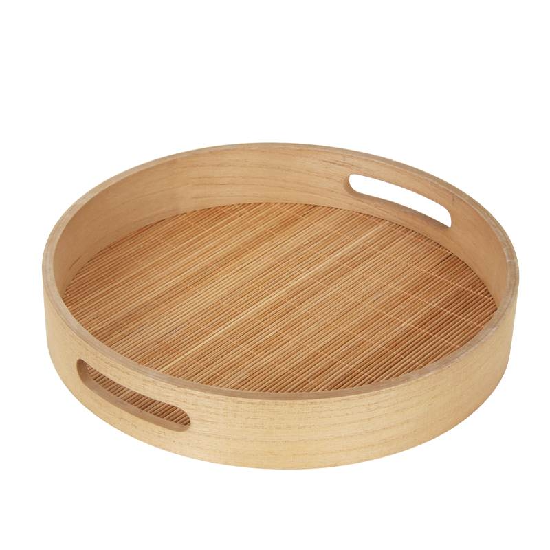 Round Square Solid Wood Bamboo Weave Functional Organizer Serving Tray