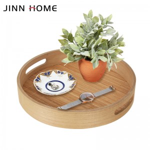 Round Square Solid Wood Bamboo Weave Functional Organizer Serving Tray